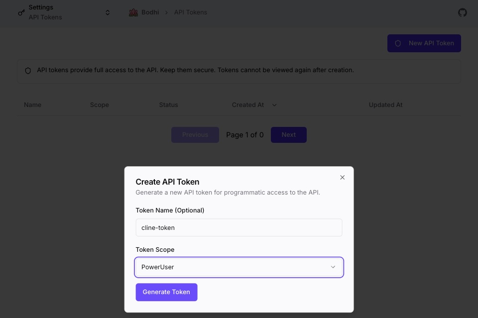 API Token Creation Modal
