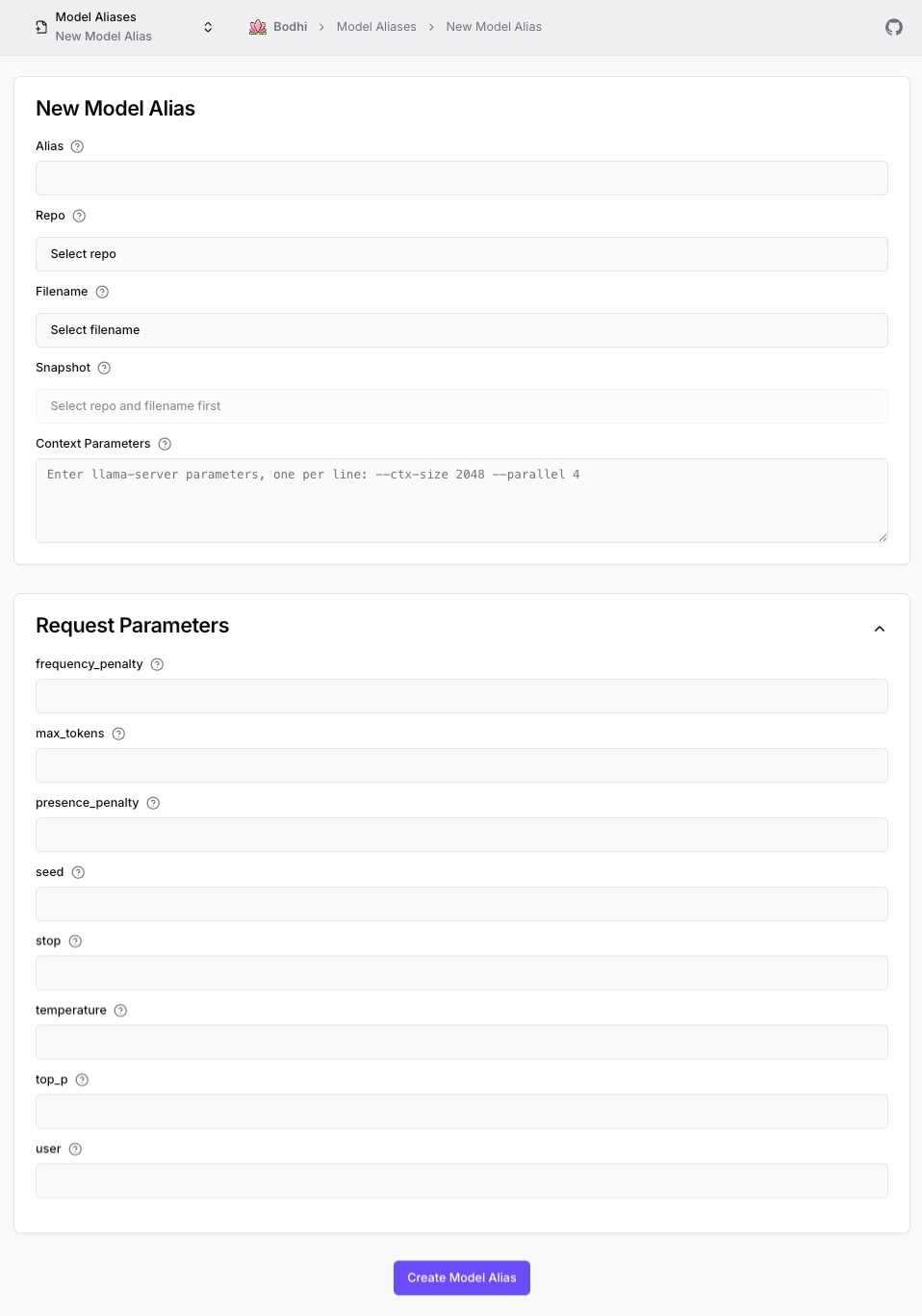 Model Alias Form showing context parameters as command-line arguments